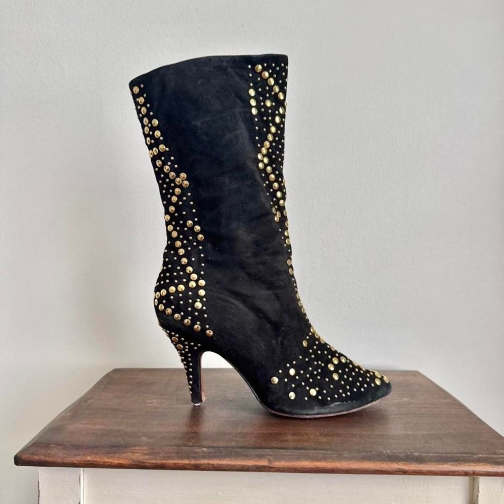 Vintage black suede and gold stud boot size 10 boho moto western glam rock